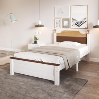 Ball & Cast Massivholzbett (90x200 cm) mit Farblich Abgesetztem Kopfteil, Holzbett mit Lattenrost, ohne Matratzen, EStabil & Rauschlos, Weiß