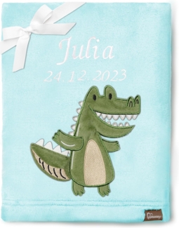Be Mammy Personalisierte Babydecke mit 3D Applikation Warme Kuscheldecke mit Namen und Geburtsdatum; Perfektes Baby Geschenk; Blanket; Krabbeldecke BE20-280 (Puderblau - Krokodil)