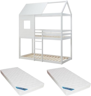 Vente-unique - Etagenbett in Hausoptik + Matratze - 2 x 90 x 190 cm - Kiefer & MDF - Weiß - LIDOVARA