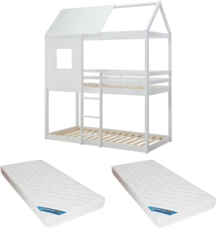Vente-unique - Etagenbett in Hausoptik + Matratze - 2 x 90 x 190 cm - Kiefer & MDF - Weiß - LIDOVARA