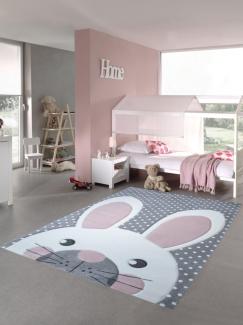 Kinderteppich Spielteppich Teppich Kinderzimmer Babyteppich Hase in Creme Grau rosa Größe 140x200 cm