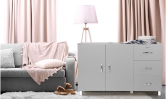 Miami Sideboard mit 2 Türen und 3 Schubladen mit Vollauszug und Soft-Close Beschlägen, Autometallic Lackierung, chromfarbene Griffe, Füsse und Logo aus hochwertigem Autoschriftzug, in weiss
