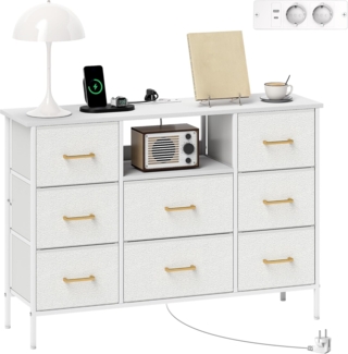 HOMCOM Kommode mit europäischer Steckdosenleiste, Stahlrahmen (Schubladenschrank, 1 St, Aufbewahrungsschrank mit 8 Schubladen aus Stoff), für Flur, Schlafzimmer, Wohnzimmer und Büro, Cremeweiß