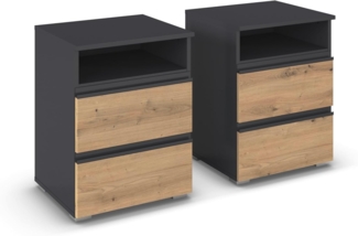 Rauch Möbel Joel, Nachttisch-Paar, Nachtkonsolen-Paar, 2 Schubladen und Nische, Farbe Graumetallic/Eiche Artisan, 47 x 62 x 42 cm