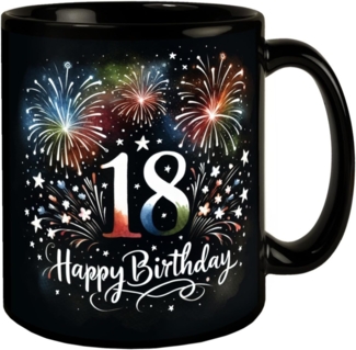 speecheese Tasse 18. Geburtstag Feuerwerk Tasse in Schwarz mit Spruch Happy Birthday 18