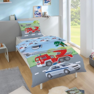 Kinderbettwäsche mit Feuerwehr & Polizei Motiv für Jungen 135x200 80x80 cm aus 100% Baumwolle
