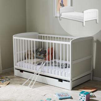 Babybett Kinderbett 70x140 mit Schublade Umbaubares Gitterbett höhenverstellbar & herausnehmbare Sprossen optional mit Matratze | Weiss Vollholz Kiefer Made in Europe