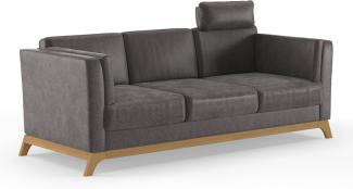 Cavadore 3er-Sofa Vida / 3-Sitzer Couch im trendigen Design mit massivem Holzrahmen in Eiche, Kopfstütze mit Kuschelkissen / 213 x 84 x 93 / Mikrofaser, Graubraun