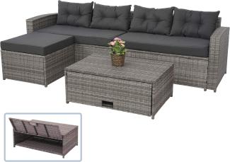 Poly-Rattan Garnitur HWC-J34, Balkon-/Garten-/Lounge-Set Sitzgruppe Sofa, Staufach ~ grau, Kissen dunkelgrau