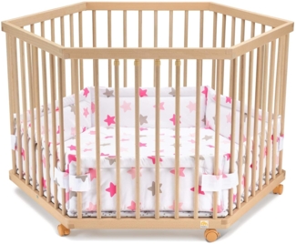 FabiMax Baby Laufgitter 6-eck, stufenlos höhenverstellbar, mit Schlupfsprossen, Laufstall aus massivem Buchenholz (Rosa Sterne)