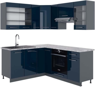 Vicco Eckküche Dunkelblau Hochglanz/Anthrazit 160x190 cm , AP Marmor, Fame-Line