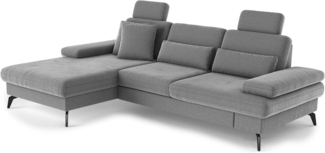 Cavadore Ecksofa Moritz / Eckcouch mit Longchair, Bett, Bettkasten, Sitztiefenverstellung, Kopfstützen und mattschwarzen Metallfüßen / 171x82-107x275 / Mikrofaser, Mittelgrau