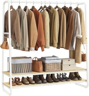 VASAGLE Kleiderständer, Garderobenständer, Garderobe, 2 Ablagen, 6 Haken in S-Form, Stahlgestell, naturbeige-mattweiß