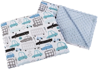 Babydecke Krabbeldecke mit Kissen 100% Baumwolle MINKY Kinderdecke 55x75 + 35x30 cm multifunktional für Kinderwagen Babyschale Wiege Medi Partners (Cars mit hellblau Minky)