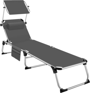 tectake® Sonnenliege mit Dach, Balkonliege aus Aluminium, klappbare Gartenliege, wetterfest, Liegestuhl für Garten, Camping und Strand, verstellbarer Rückenlehne, ink. Kopfkissen & Seitentasche - grau