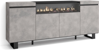 Skraut Home | Sideboard, Highboard | Kommode, Komodenschrank | 200 x 87 x 35 cm | 4 Türen | Elektrokamin. Maße | Industriedesign | Moderner Stil | Zement