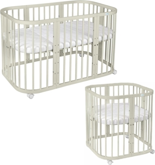 Waldin Babybett aus Holz 7in1 mit Matratze, Mitwachsendes Kinder-Bett, Belüftet, Boden 5-Fach Verstellbar, All-Inclusive-Set, Holz Olive