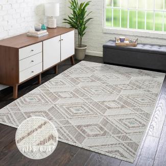 carpet city Teppich Kurzflor Wohnzimmer - Beige, Grün - 120x170 cm - Teppiche Fransen Boho-Style - Rauten-Muster - Schlafzimmer, Esszimmer