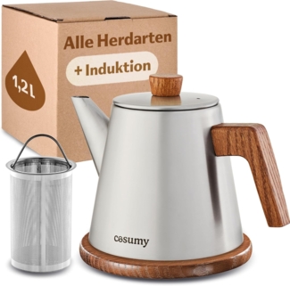 Cosumy Teekanne mit Siebeinsatz und Untersetzer - Edelstahl & FSC Holz - Induktion, 1,2 l, (Set, 1-St, Teekanne mit Siebeinsatz und Untersetzer), Kanne mit Sieb für Tee - Induktion - Tropffrei - Hält lange warm