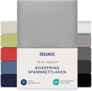 Dreamzie Premium Spannbettlaken 90x200 cm - 100x200 cm - 37cm Seitenhöhe - auch für Boxspringbett & Wasserbett - Bettlaken Boxspringbett 100% Jersey Baumwolle, 150 g/m² - Oeko-TEX - Grau