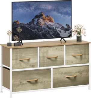 DWVO Kommode mit 5 Schubladen, Schrank aus Stoff mit Griffen, Metallgestell & MDF-Holzplatte, langlebig, für Schlafzimmer & Wohnzimmer,Helle Holzmaserung