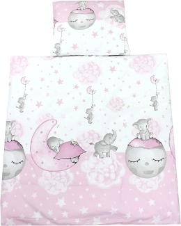 TupTam Unisex Baby Wiegenset 4-teilig Bettwäsche-Set: Bettdecke mit Bezug und Kopfkissen mit Bezug, Farbe: Mond mit Elefant/Rosa, Größe: 80x80 cm