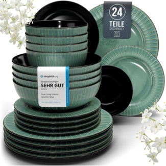Steingut Geschirrset 6 Pers. Tokyo 24-tlg Hochwertiges Asia-Style TEST SEHR GUT Steingut Geschirr Set - Schüssel- und Teller Set - Tafelservice 6 Personen Geschirrsets Pure Living in Grün