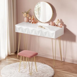EUGAD Schminktisch mit Hocker und Spiegel, 360° schwenkbar Schminkspiegel, Frisiertisch Kosmetiktisch mit 3 Schubladen, gepolsterte Samthocker, 3D Effekt Schublade, Weiß und golden