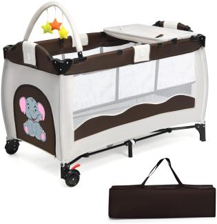 COSTWAY Reisebett klappbar Babyreisebett Kinderreisebett mit Rollen Babybett Kinderbett inkl. Spielbogen Tragetasche Wickelauflage Braun