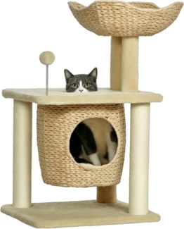 PawHut Kratzbaum Kratzmöbel mit Katzenhöhle, Spielball, Kletterturm mit Bett, für Wohnzimmer, Beige