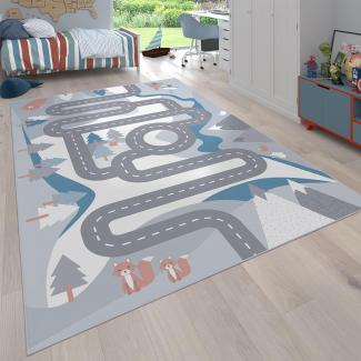 Paco Home Teppich Kinderzimmer Kinderteppich Spielteppich Junge Mädchen Tiere Straßen Muster rutschfest Creme Blau Grau, Grösse:200x290 cm