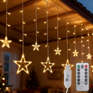 Salcar LED-Lichterkette LED Sterne 2m 160 LED Lichtervorhang Weihnachten Lichterkette Außen, 1m x 1m 69 LED Warmweiß, 8 Modi, USB