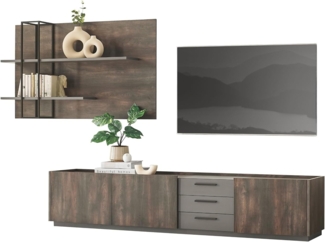 Wohnwand Piano in Eiche und grau 2-teilig 316 cm
