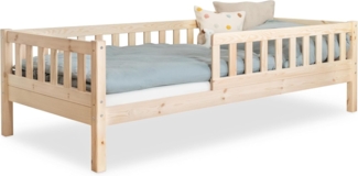 Ehrenkind Kinderbett mit Rausfallschutz aus massivem Kieferholz, Kinderbett 90x200 cm (zeitlos, hochwertig und auch für ältere Kinder geeignet, aus FSC zertifiziertem Holz), Jugendbett, Kinderbett mit Rausfallschutz