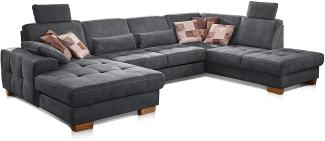 CAVADORE Wohnlandschaft Puccino mit Federkern, Sitztiefenverstellung und 2 Kopfstützen / Sofa in U-Form im Landhausstil / 340 x 86 x 224 cm / Mikrofaser grau