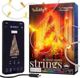 Twinkly Strings Candle 200 LED, LED-Lichterkette in Kerzenform, RGB LED-Lichter Mehrfarbig, Kompatibel mit Alexa & Google Home, Gaming-Lichter, Stromversorgung über USB-C, Transparentes Kabel, 2 x 6m