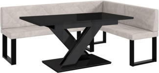 MEBLINI Eckbank für Esszimmer mit ausziehbarem Tisch - Küchenbank - Essecke - Sitzecke Küche - ERIC - U-Beine 142x196x87cm Rechts - Beige Samt/B Schwarz Hochgl.
