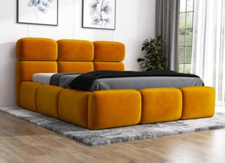 Polsterbett MAROKO 90x200 mit Matratze, Bettkasten und Lattenrost. Farbe: Senf 8