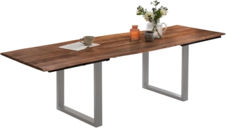 SAM Baumkantentisch 140 (220) x 90 cm Adina, Akazienholz nussbaumfarben & massiv, Esszimmertisch mit 2 Ansteckplatten, Silbernes U-Metallgestell, Platte 26mm