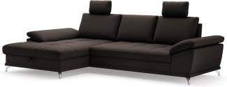 Cavadore Eckcouch Castiel mit Federkern / Ecksofa mit XL-Longchair, Bett, Bettkasten, Sitztiefenverstellung, Kopfstützen und mattschwarzen Metallfüßen / 301x89-114x176 / Echtleder, Dunkelbraun