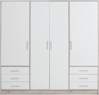 FORTE Jupiter Kleiderschrank 4-türig, 6 Schubkästen, Holzwerkstoff, Sandeiche / Weiß, 206. 5 x 60 x 200 cm