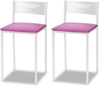 ASTIMESA - Gepolsterter Küchenhocker mit Rückenlehne - Massives Gestell - weißes Gestell und Sitzfläche aus Kunstleder - Farbe des Sitzes: Rosa. Lieferumfang: 2 Stück, Maße: 35 x 35 x 64 cm