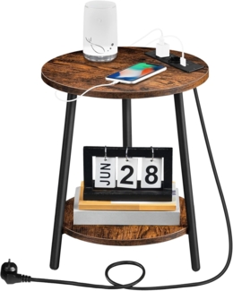 HOOBRO Beistelltisch mit Ladestation, runder Couchtisch mit 2 Ebenen, Wohnzimmertisch, Nachttisch für kleine Räume, Sofatisch für Wohnzimmer, Schlafzimmer, Vintagebraun und Schwarz EBF67CBZ01