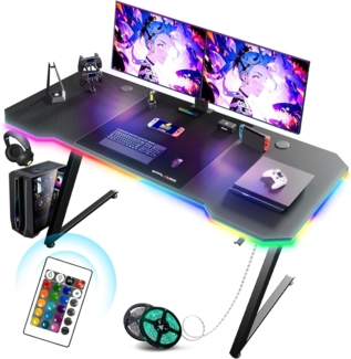 GTPLAYER Schreibtisch Gaming Tisch Schreibtisch mit Mauspad PC Tisch Kohlefaseroberfläche, Stabiler Computertisch mit Kopfhörerhaken, Schwarz