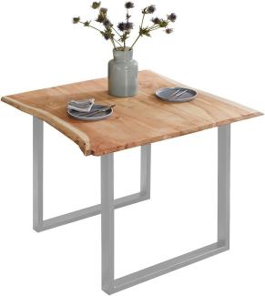 SAM Esszimmertisch 80x80 cm Billy, echte Baumkante, Esstisch aus Akazienholz massiv + naturfarben, Baumkantentisch mit U-Gestell Silber, FSC® 100% Zertifiziert