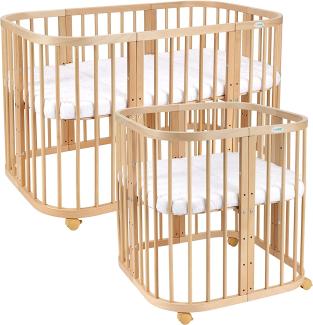 Waldin Babybett aus Holz 7in1 mit Matratze, mitwachsendes Kinder-Bett, belüftet, Boden 5-fach verstellbar, All-Inclusive-Set Holz natur, Ohne Stoffset