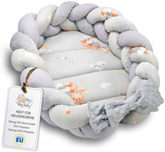 Babynest Neugeborene Nestchen Baby 75x45 cm – Plüschstoff Kuschelnest mit Zopf Kissen zerlegbares Set zweiseitig Babynestchen Babybett Kaninchen