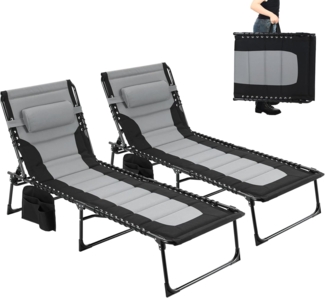 Clevich XXL Liegestuhl klappbar 2er Set, 199×66 cm Übergroße Sonnenliege mit 5-Fach Verstellbarer Rückenlehne, Gartenliege mit Kopfkissen & Seitentasche, Campingliege bis 150 kg für Strand, Pool