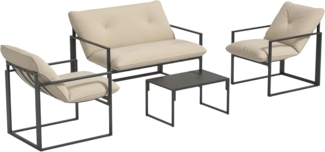 Outsunny Gartenmöbel Set 4 Personen Stahl wetterfest Balkonmöbel-Set mit 2er Sofa, Sessel Glastisch Sitzkissen Outdoor Sitzgruppe Terrassenmöbel Gartengarnitur für Garten Terrasse Balkon Grau+Beige