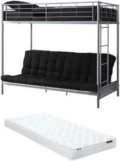 Vente-unique - Hochbett mit Schlafsofa + Futonmatratze + Matratze - 90 x 190 cm - Metall - Silberfarben & Schwarz - MODULO IV